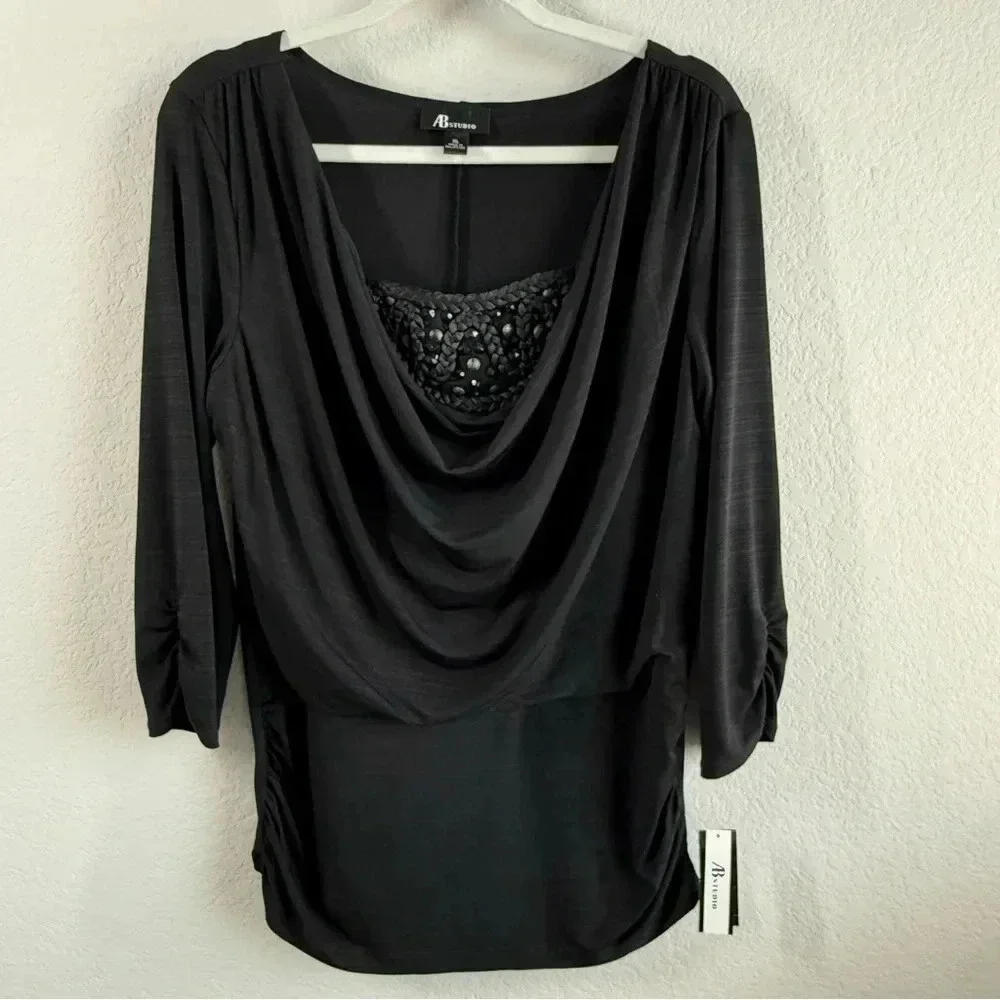 Ab Studio Women’s Black 3/4 Sleeve Beaded Scoop Neck Office Casual Top Xl Nwt — image 6 of 8